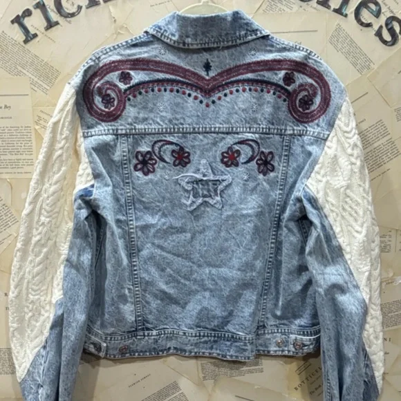 Free People Embroidered Denim Jacket Cable Knit Sleeves Slouchy Applique
